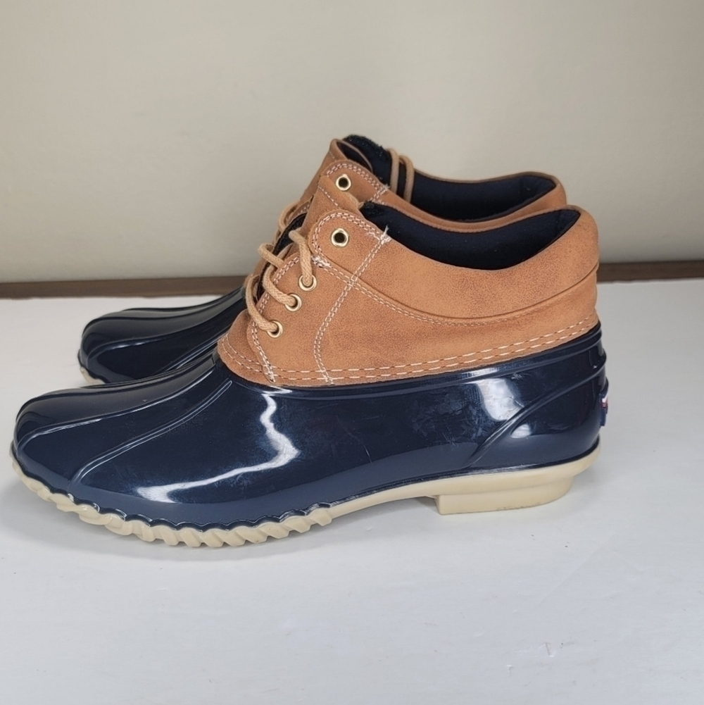 Tommy Hilfiger TWHEAT-T Blue Brown Waterproof Lace Up Heat Rain Boots Women's 9